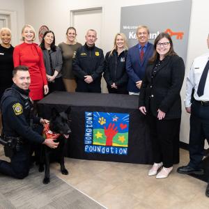Hamden Police, KeyBank and The Hometown Foundation shown with K-9 Jet.