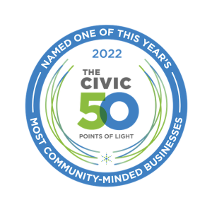 The Civic 50, Points of Light badge. Named one of this years Most Community-Minded Businesses.