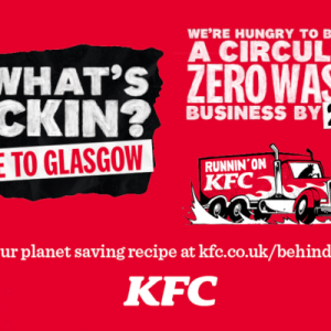 Graphic featuring KFC's 2035 circular zero waste goal and 2040 net zero carbon goal