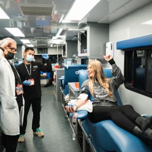 An LA Kings fan donates blood during the LA Kings and CHLA's January blood drives.