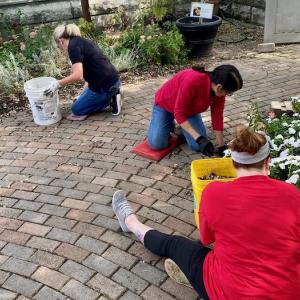 KeyBank volunteers weeding a small garden.