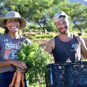Two people holding vegetables just picked from a field