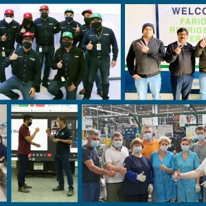 gallery of 5 photos. Each with a group of people. Many giving thumbs-up or peace signs.