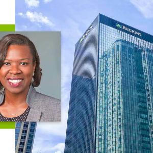 Two pictures. Kendra Key on the left, a skyscraper with "Regions" sign on the top on the right.