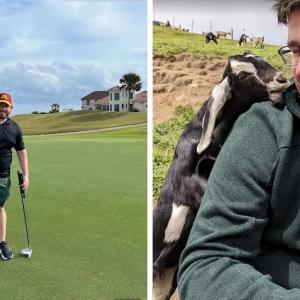 Kevin Arritt on a golf course and with a goat while hiking.