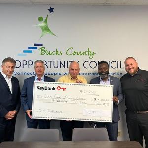 Pictured from left: Louis Hoxha, KeyBank Regional Retail Leader; Jamie Tranfalia, KeyBank Market President Eastern PA & Southern NJ; Joe Cuozzo, Director of Development, Bucks County Opportunity Council; Chiwuike Owunwanne, KeyBank Corporate Responsibility Officer; William Bray, KeyBank Branch Manager, Doylestown.  