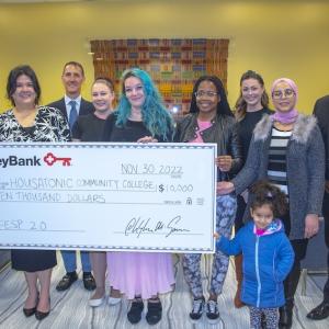 The Housatonic Community College Foundation received a $10,000 grant KeyBank to respond to the economic security needs of its students. L to R: Kristy Jelenik, HCC Foundation Executive Director, Women’s Center Director Katrina Camerato, HCC Foundation Board member and KeyBank SVP of Commercial Banking Brad Hardy, Key@Work Account Manager Katie Farrington, HCC students Mia and Jordanee (and mother of child), KeyBank Regional Corporate Responsibility Officer Analisha J Michanczyk, HCC student Jalila and HCC C