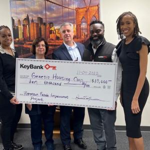 Pictured (from left) from Genesis Housing Corporation is Program Assistant Angel Smith and Executive Director, Judith Memberg, and from KeyBank is Market President Jamie Tranfalia, Corporate Responsibility Officers Chiwuike Owunwanne, and Norristown Branch Manager Ashley Bowen.  