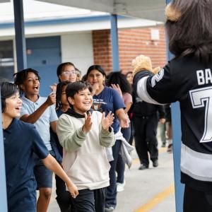 LA Kings mascot Bailey helped revitalize green spaces at two schools in Inglewood, CA. 