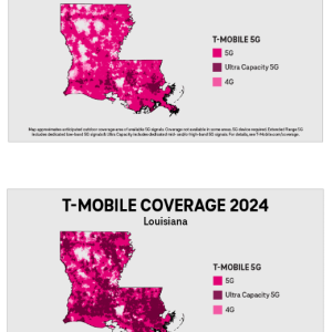 Side by side maps "T-Mobile coverage 2021 and 2024" in Louisiana. Different colors representing different coverage levels.