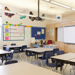A classroom with updated lighting.