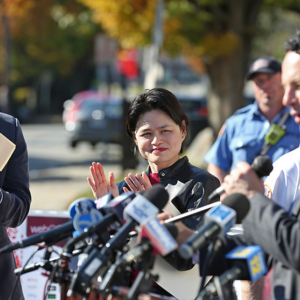 LG Electronics USA SVP Peggy Ang, center, joins Paterson Mayor Andre Sayegh (r) and Cresskill Schools Superintendent Michael Burke (l) to announce LGs support to help their communities recover from Ida. 