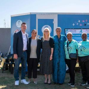 Dr. Matthew Smeltzer (Memphis University, Associate Professor, Division of Epidemiology, Biostatistics, and Environmental Health), Wendy Short Bartie (BMS Foundation Board Member and BMS Executive Vice President, Corporate Affairs), Catharine Grimes (BMS Foundation President), Christable Semondile (BMS Foundation Senior Program Officer), Dr. Bridgette Goeieman (Afia Tai Technical Director) and Sr. Sibongile Ramotshela (Afia Tai Founder and Managing Director) at a community cervical cancer screening event