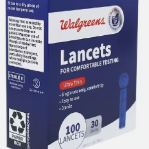 A Walgreens label box "Lancets"