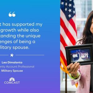 Lea Dimalanta holding a framed photo and a medal. Text: Comcast has supported my career growth while also understanding the unique challenges of being a military spouse.