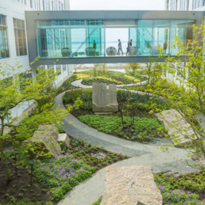courtyard view of Expedia head quarters, a glass walkway between buildings.