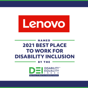 Graphic with the Lenovo log and the text, "names 2021 Best Place to Work for Disability Inclusion" with the Disability Equalit Index logo below