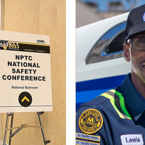 Two photo's of Lewis Clifton side by side. On the left, Lewis Clifton stood next to a sign board that reads 'NPTC national safety conference'. On the right is an image of Lewis Clifton in a blue uniform with the Marathon logo on 