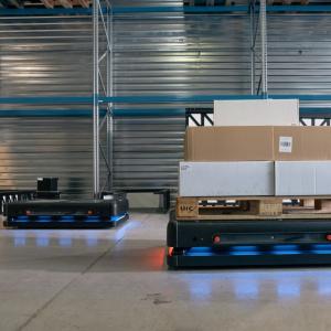 two mobile warehouse robots