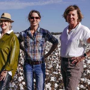 Three people posed in a field of cotton crops.