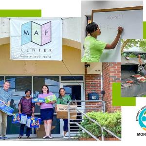 collage of the MAP center, people outside the building holding food boxes, some grilling, one writing on a white board