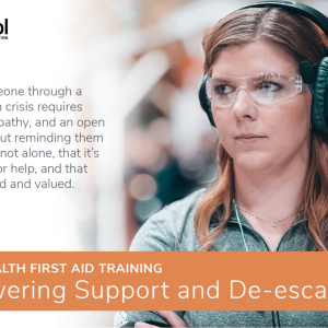 A person wearing headphones and safety glasses. Whirlpool logo and quote from Jeff Jones. Mental Health first aid training. Empowering support and de-escalation.