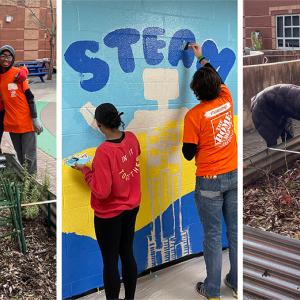 The Home Depot volunteers shown doing repairs to a home, painting and gardening.