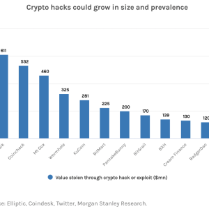 Graph showing: Crypto hacks could grow in size and prevalence 800 611 600 532 460 400 325 281 200 225 200 170 139 130 120 105 PolyNetwork Coincheck Mt GOx Wormhole KuCoin BitMart PancakeBunny BitGrail BXH Cream Finance BadgerDao Coinbene