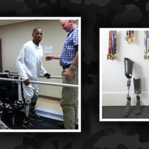 U.S. Army Ranger Master Sergeant (MSG) Cedric King shown in his uniform, at therapy and with his family.