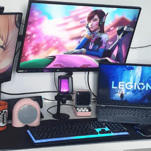 Desk with computer monitors and keyboard