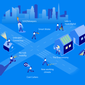 10 trends from the article symbolized and combined to create a rural scene of a cross roads with houses and a cityscape in the background.
