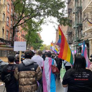 People marching down the street with signs and flags.