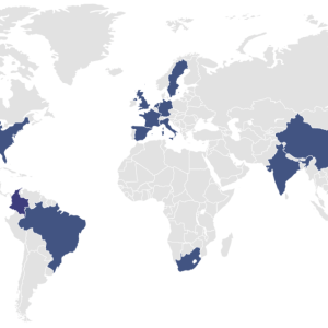 World map with markets highlighted in blue.