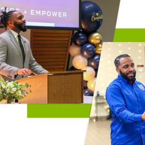 Marlon Ross Jr. speaking at a podium, and on the right speaking to others in a room with sting lights on the wall behind him.