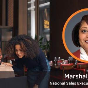 Marshalynn Odneal profile and title over a ohiti of two people in a restaurant setting looking at the same laptop.