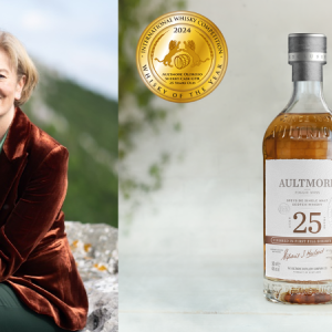 Two separate photo's side by side. On the left, a photo of someone sat down. On the right, a bottle of whisky next to a glass