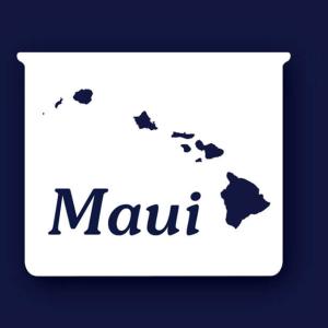 Navy background with a white and navy map of Maui