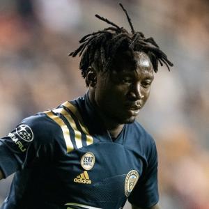 Olivier Mbaizo, a defender for the Philadelphia Union, wears a commemorative “Zero Landfill” jersey patch during the MLS team’s home game at Subaru Park on October 23, 2021.