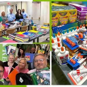 A collage of photos of people behind stacks of school supplies, a table full of different school supplies, and holding up notebooks.