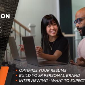 The Home Depot: Mission Transition, 3 Self-Paced, online & free courses. A man and a woman are seated at a table in front of a laptop.