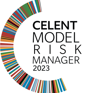 "Celent model risk manager 2023" and logo of many colored stripes in a C formation.