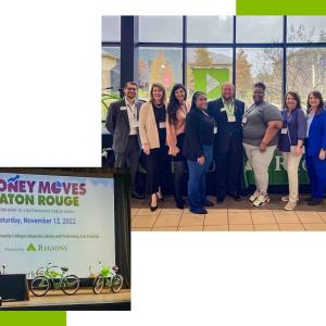 Collage of two photos: "Money Moves Baton Rouge" on a large screen behind a desk with two chairs and microphones, two green bikes to the side. A group of people next to tall windows and a green Regions banner on the right.