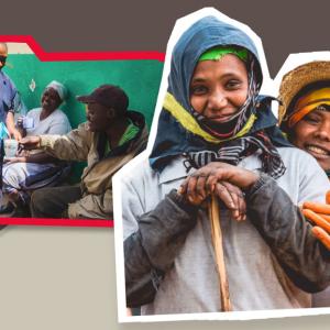 two cropped images left: a person pours a beverage for another right: two people pose for the camera, one leaning on a stick