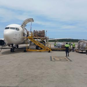 Humanitarian aid is loaded onto a cargo aircraft at Air Cargo Hub Punta Cana before departing for Caracas as part of a collaborative relief effort supporting communities affected by the earthquakes in Venezuela.