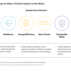 Info graphic "How Muni Investing Can Make a Positive Impact on the World". Icons for Education, Healthcare, energy efficiency, mass transit, sustainable water, Business/community development. 