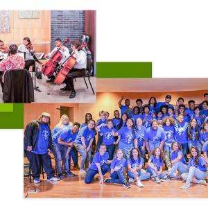 Collage of people playing sting instruments, and a large group of volunteers posed in matching shirts.