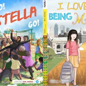 On the left: "Go Stella Go!," a book about girls defying expectations by Peter Ndiwa and NABU, written in partnership with Girl Rising. On the right: In the U.S., NABU and HP are supporting marginalized voices in the Asian-American community with the publication of “ I Love Being Me!," co-authored by Jessica Michibata. 