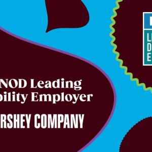 Brown shapes on a blue background, "2022 NOD leading disability employer The Hershey Company." NOD logo in the right corner.