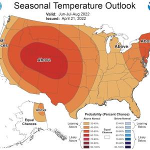 Seasonal Temperature Outlook map of the US showing areas of heat intensity for the summer months.