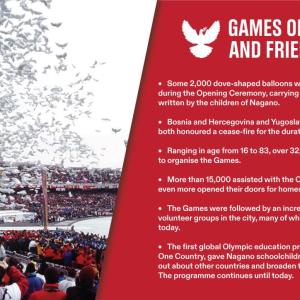 Info graphic "Games of peace and friendship" on the left a stadium full of people and a large group of white bird balloons.